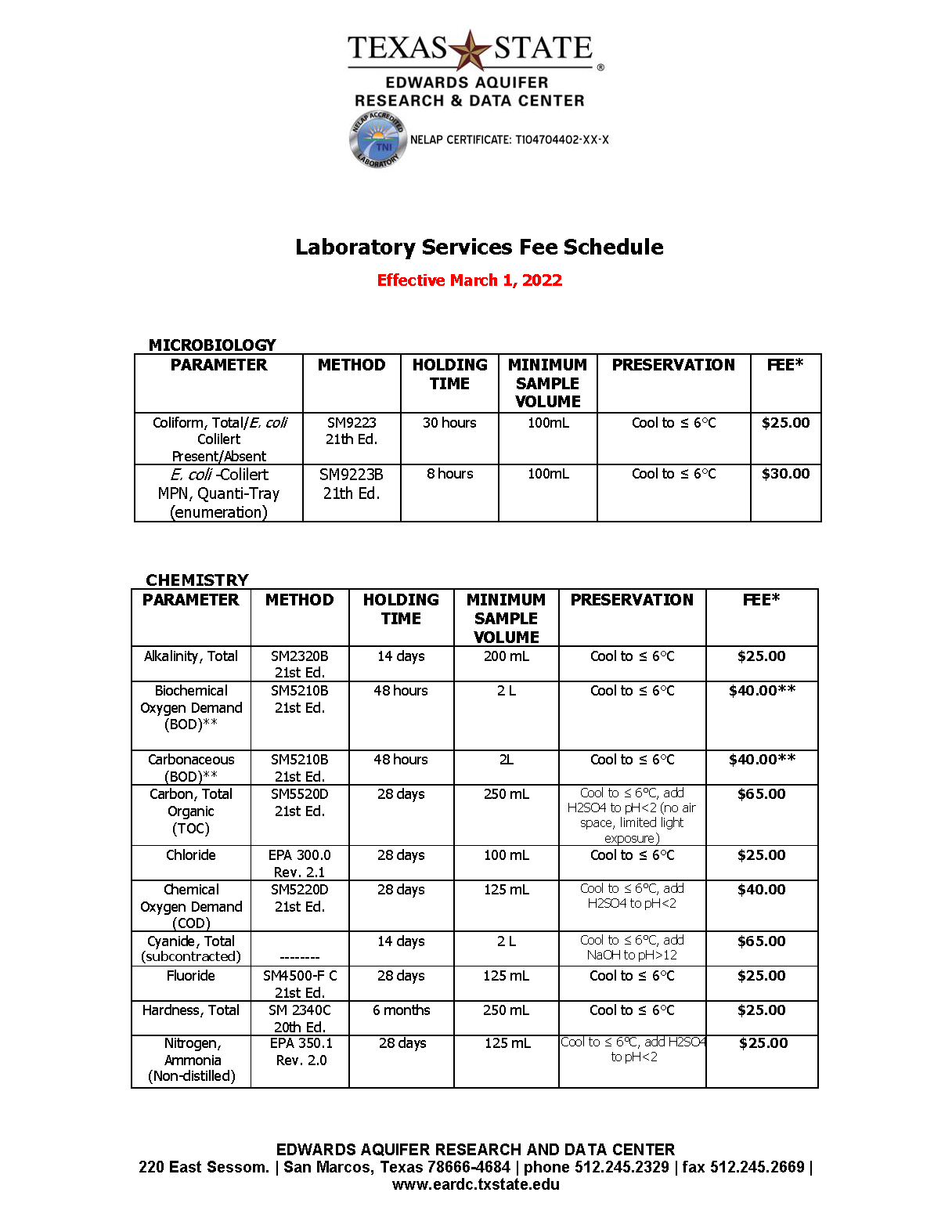 Microbial Forms and Lab Fee Schedule Edwards Aquifer Research & Data